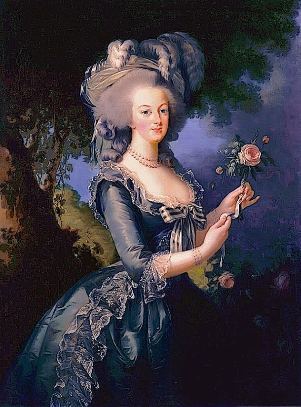 This portrait of Marie Antoinette (1783) still hangs in the palace of Versailles. For more on the Queen's costume, click on the image. 