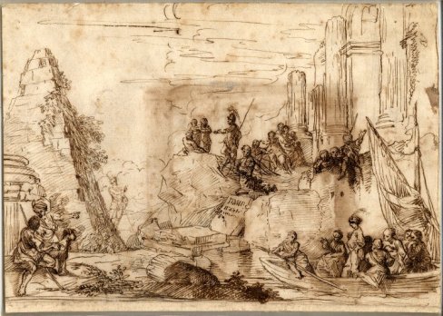 Biblical figures set in a landscape of Classical ruins. Pen and brown ink, 180 x 250 mm © The Trustees of the British Museum. 